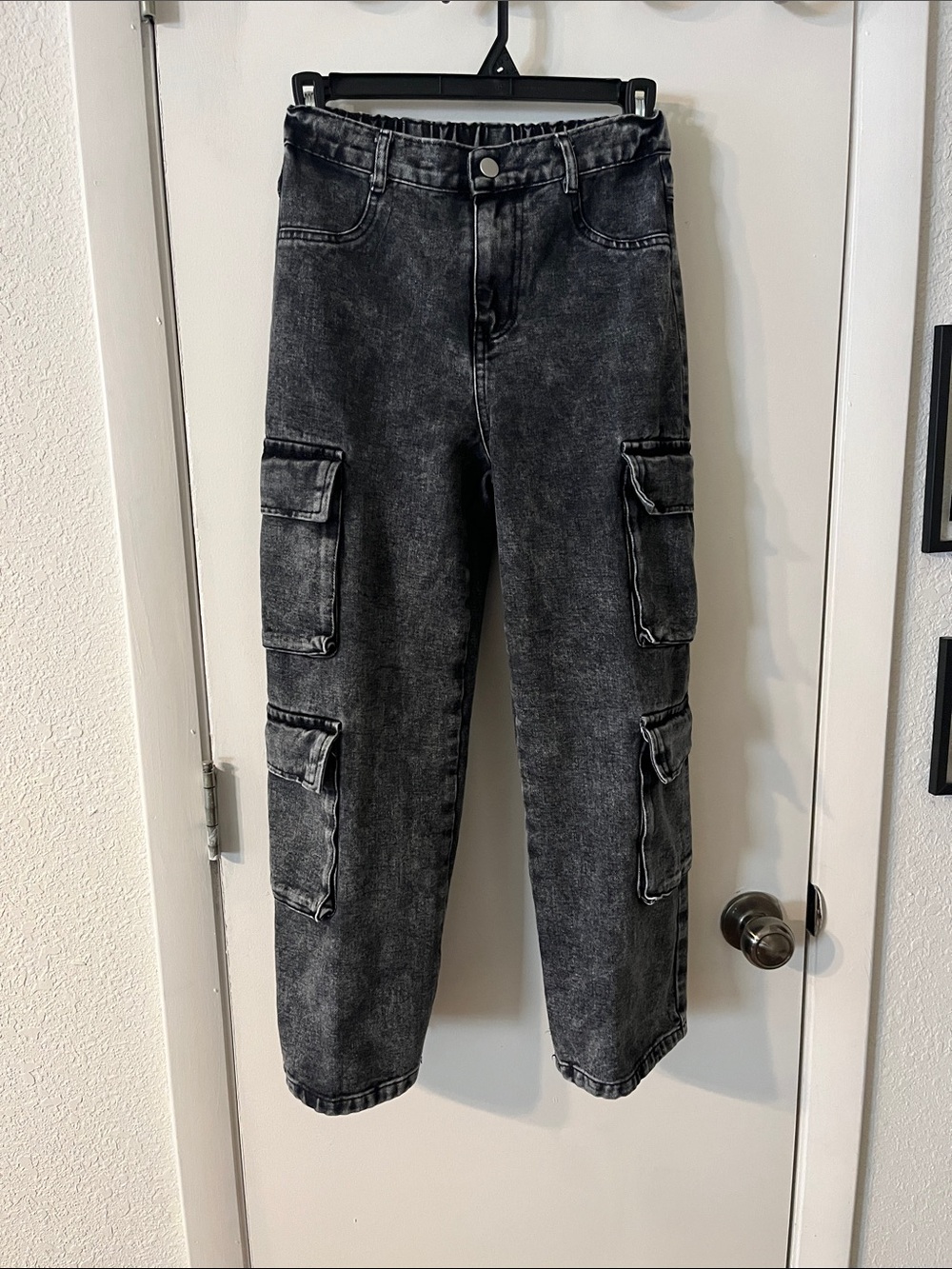Kids' Washed Black Cargo Jeans with Elastic Waist